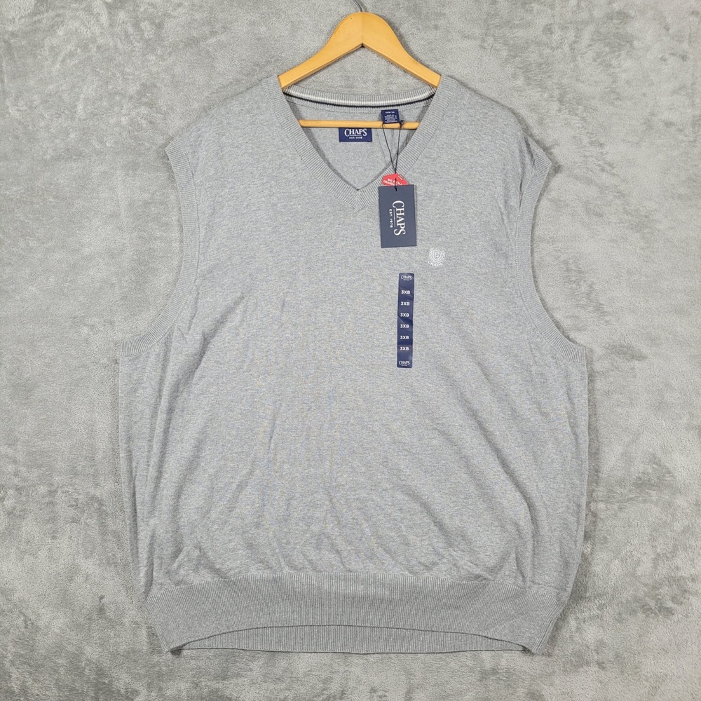 Chaps Sweater Vest Mens 3XB Light Gray V-Neck Big & Tall Cotton Knit Logo